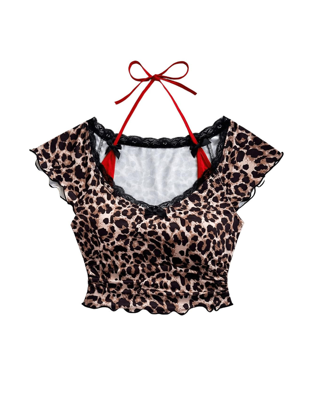 Women's Contrast Lace Halter Neck Lettuce Trim Casual Crop Tee Tops