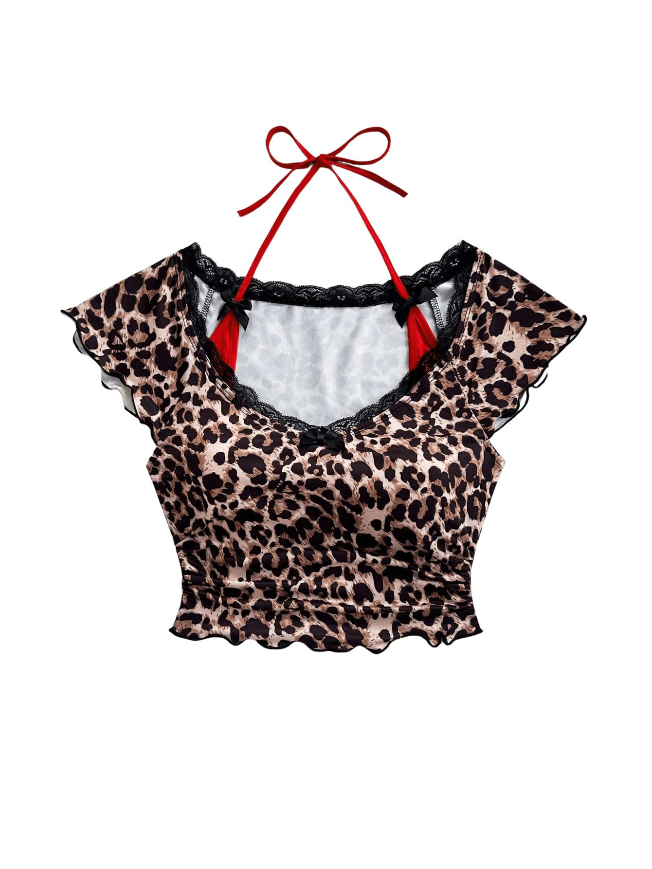 Women's Contrast Lace Halter Neck Lettuce Trim Casual Crop Tee Tops