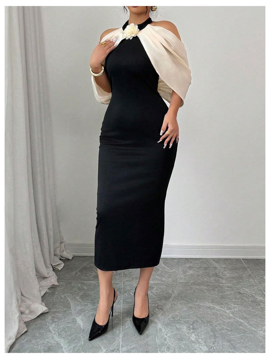 Women's 3D Floral Halter Dress Elegant Color Block Cold Shoulder Backless Bodycon Dresses