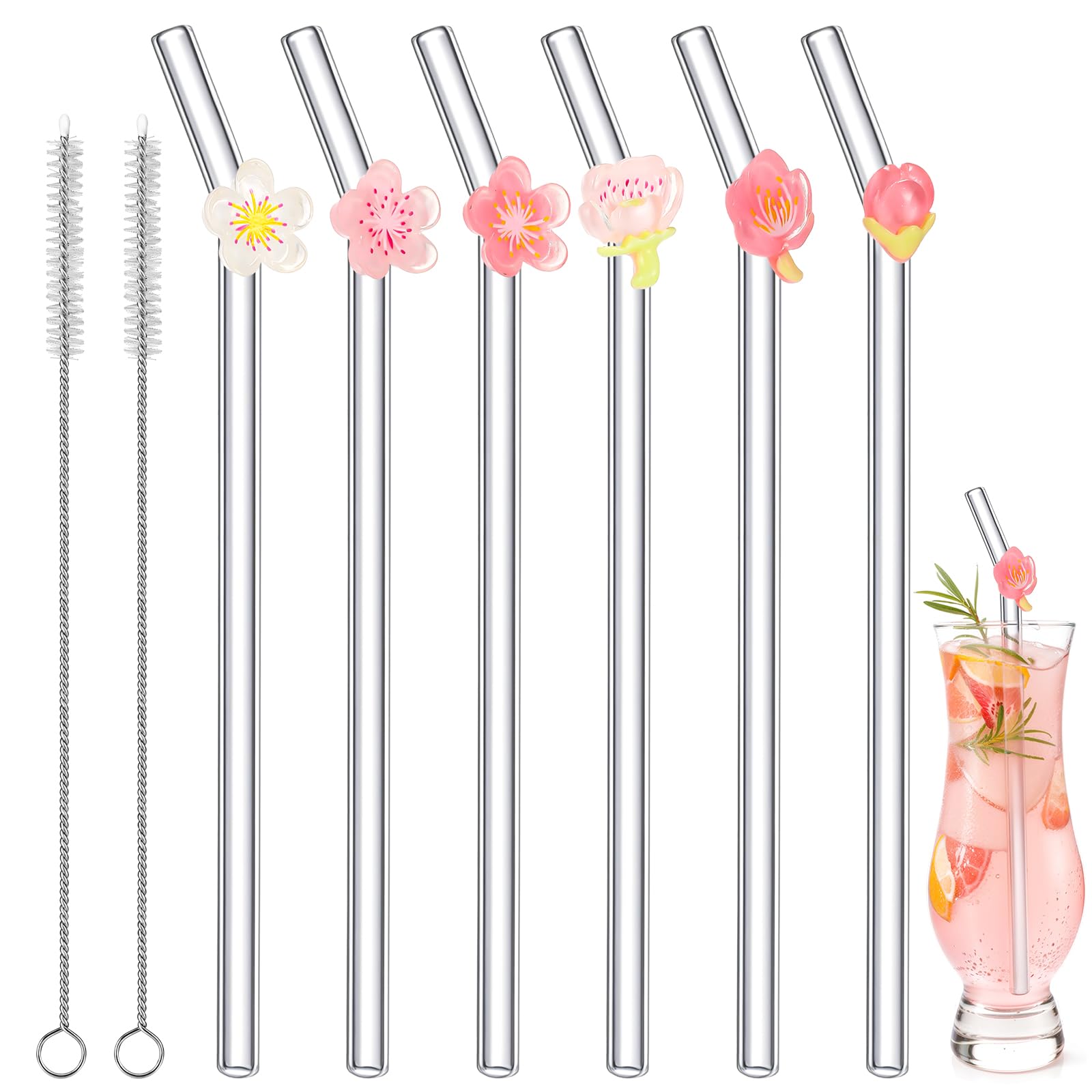 Reusable Glass Straw with 2 Cleaning Brush, Charm Cute Colorful Pattern Sticky Reinforced Glass Shatter Resistant Straw 6 Pcs