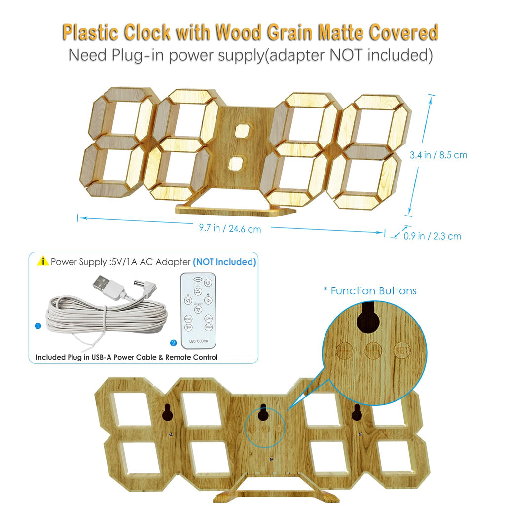 LED 3D Wall Clock 9.7" Clock with Remote/Dimming/12/24H/Temp/Alarm Clock/Date