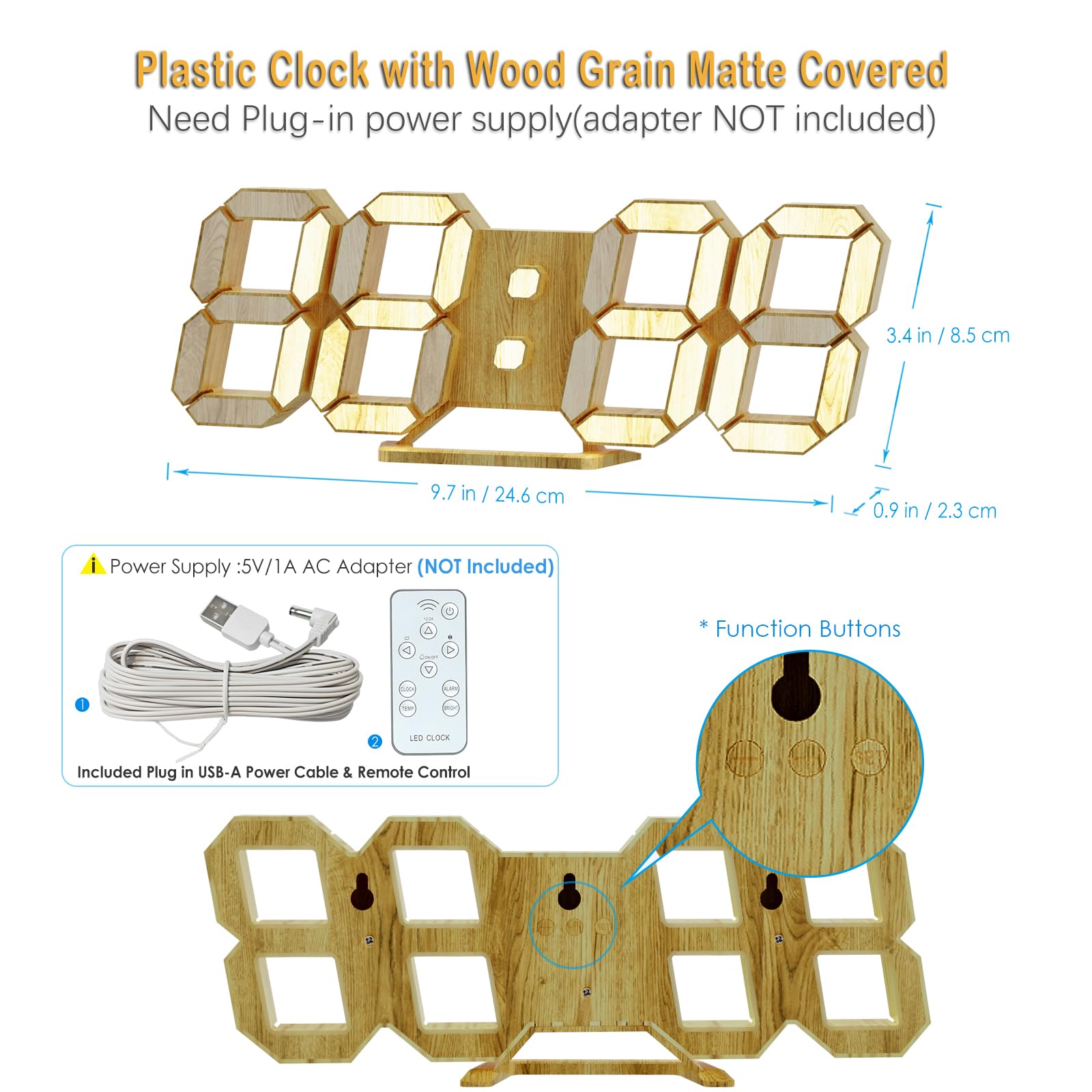 LED 3D Wall Clock 9.7" Clock with Remote/Dimming/12/24H/Temp/Alarm Clock/Date