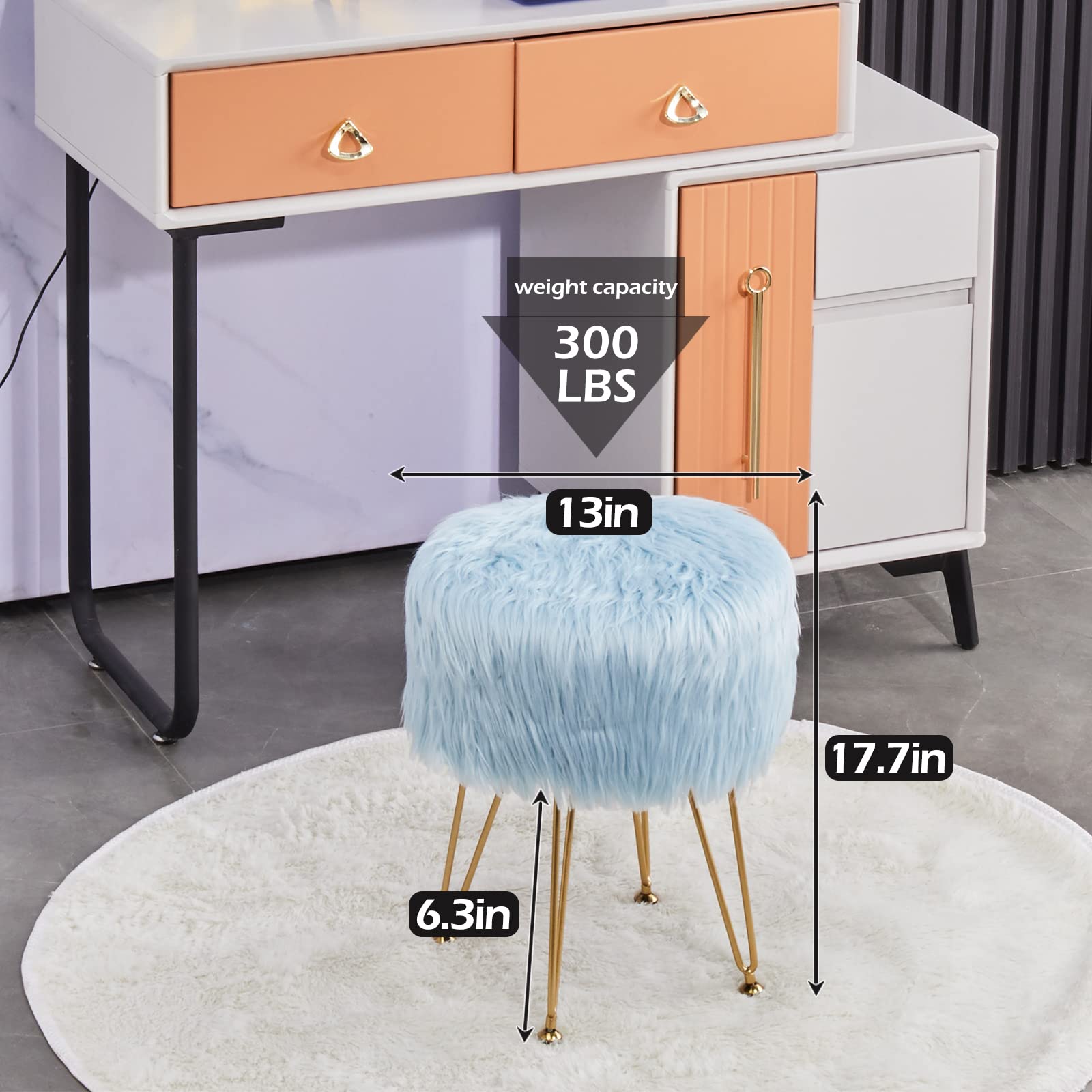 Faux Fur Storage Ottoman Round Furry Vanity Stool Marble Grain Tray Coffee Table Compact Footrest Stool with 4 Metal Legs Soft Makeup Seat Foot Stools for Living Room Bedroom Entryway