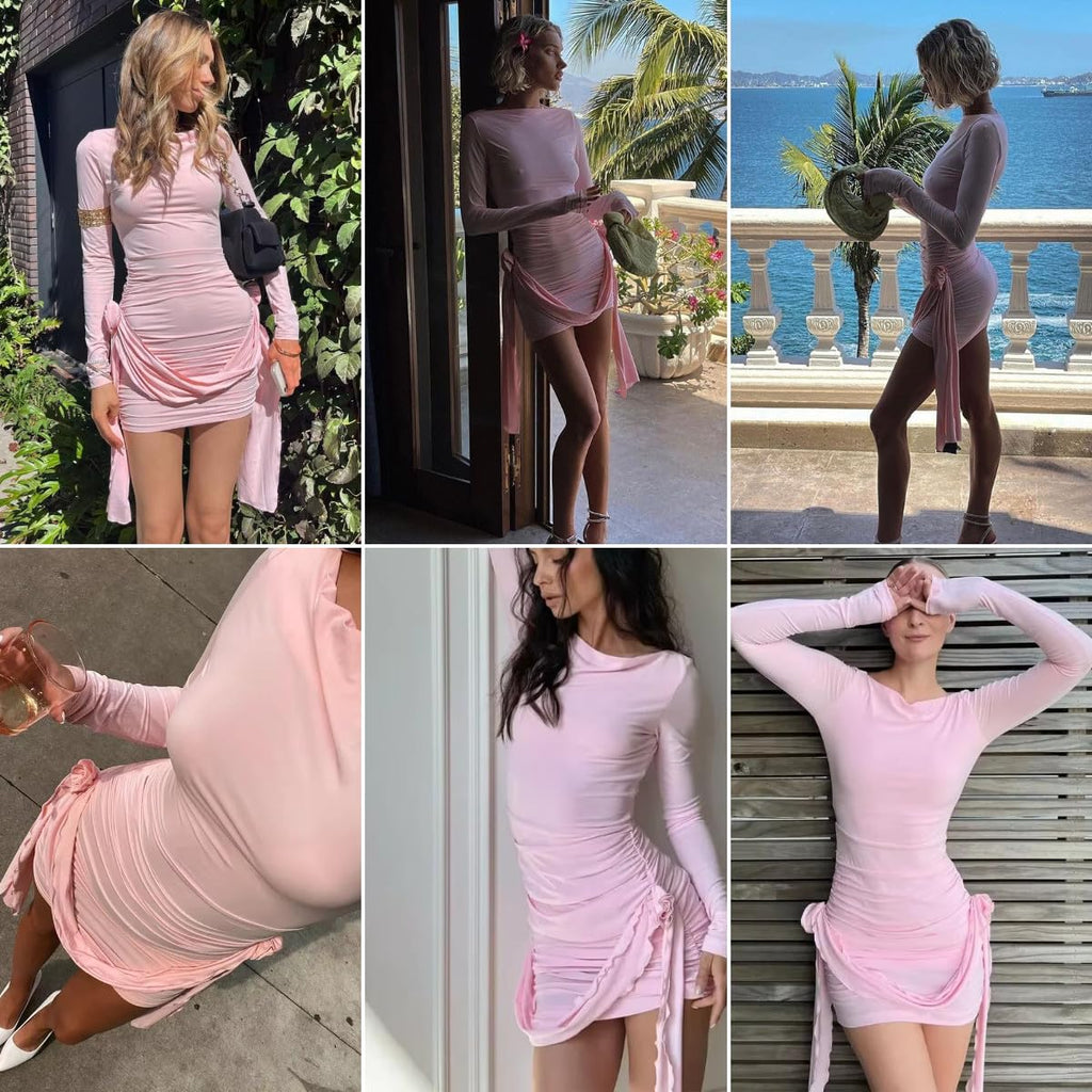 Women's Sexy Pleated Long Sleeve Mini Dress Bodycon 3D Floral Ruched Tassels Y2K Party Club Short Dresses