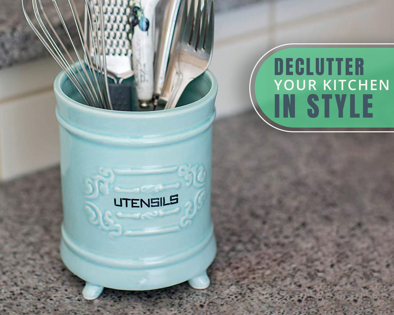 Vintage Style Kitchen Utensil Caddy - Antique Design Cooking Utensil Organizer - Rustic French Country Utensil Crock for Cooking Enthuziast