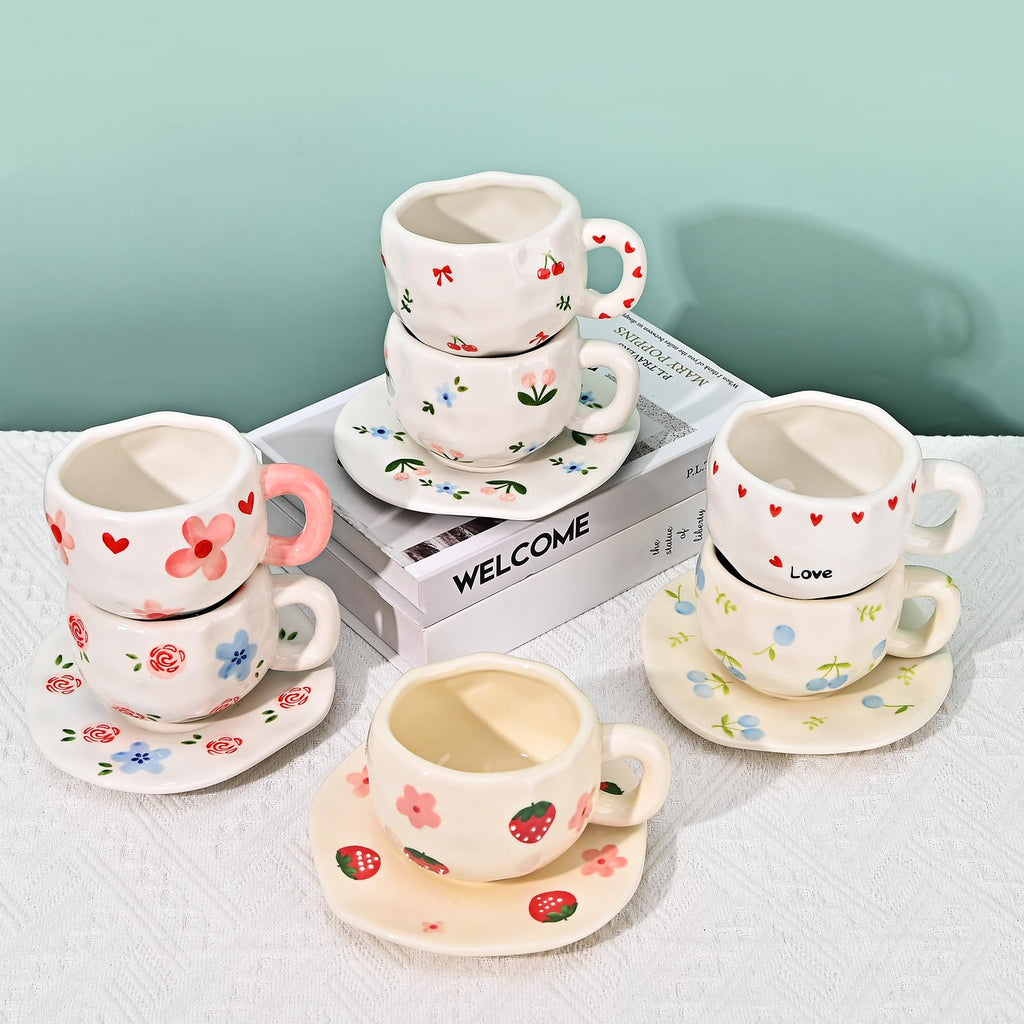 Ceramic Coffee Mug with Saucer Set, Cute Creative Cup Unique Irregular Design, 10 oz/300 ml