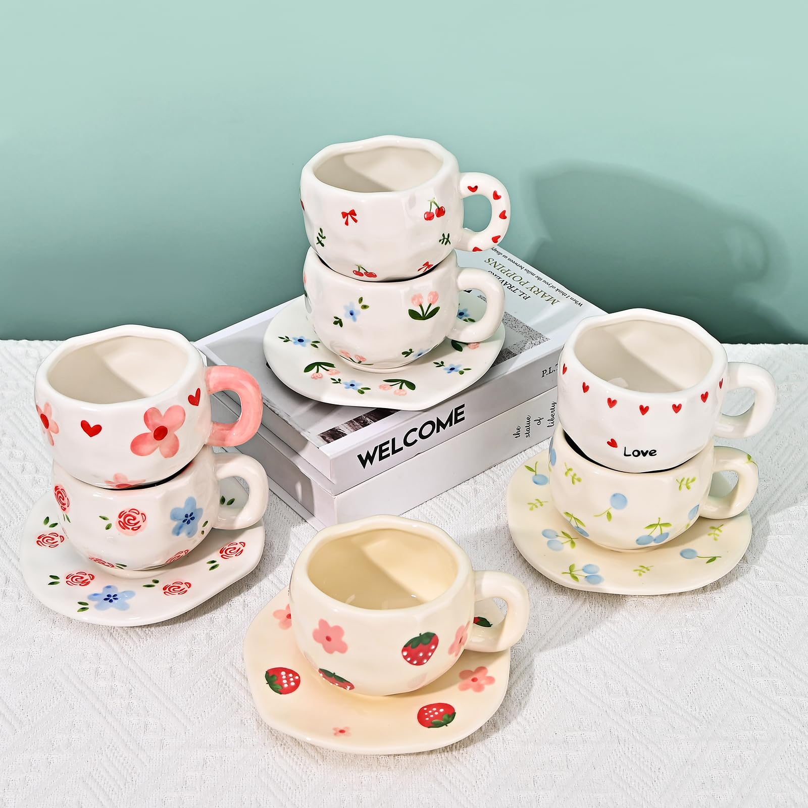 Ceramic Coffee Mug with Saucer Set, Cute Creative Cup Unique Irregular Design, 10 oz/300 ml