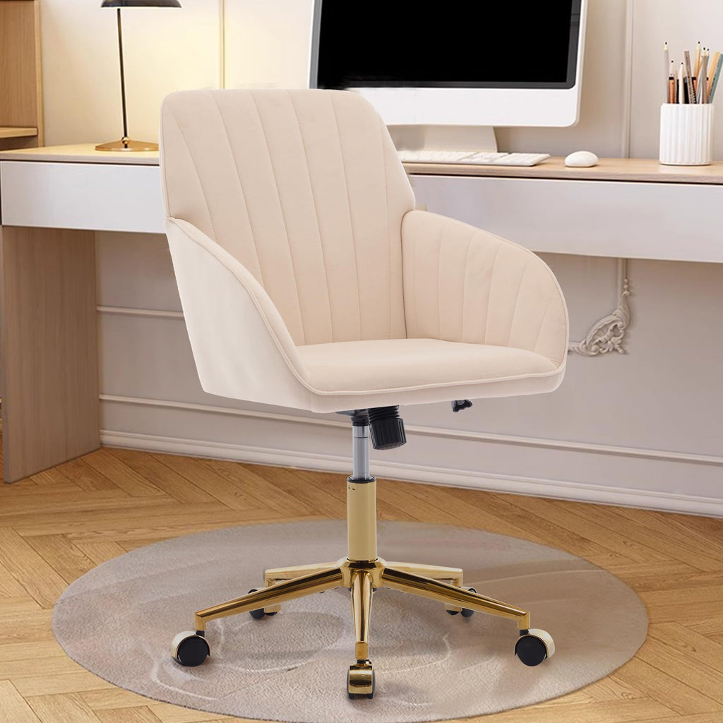 Modern Vanity Velvet Adjustable Low Back Rolling Chair, Twill Upholstered Cute Chair with Wheels