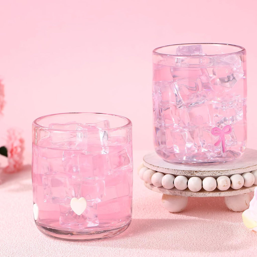 Set of 2 Coquette Pink Bow Glass Cup Heart Juice Glass 14oz Pink Bow Heart