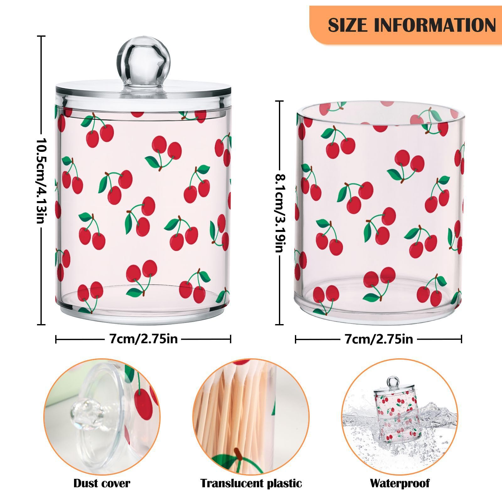 Cute Cherry Fruit Apothecary Jar with Lids - Qtip Holder Clear Plastic Containers Bathroom