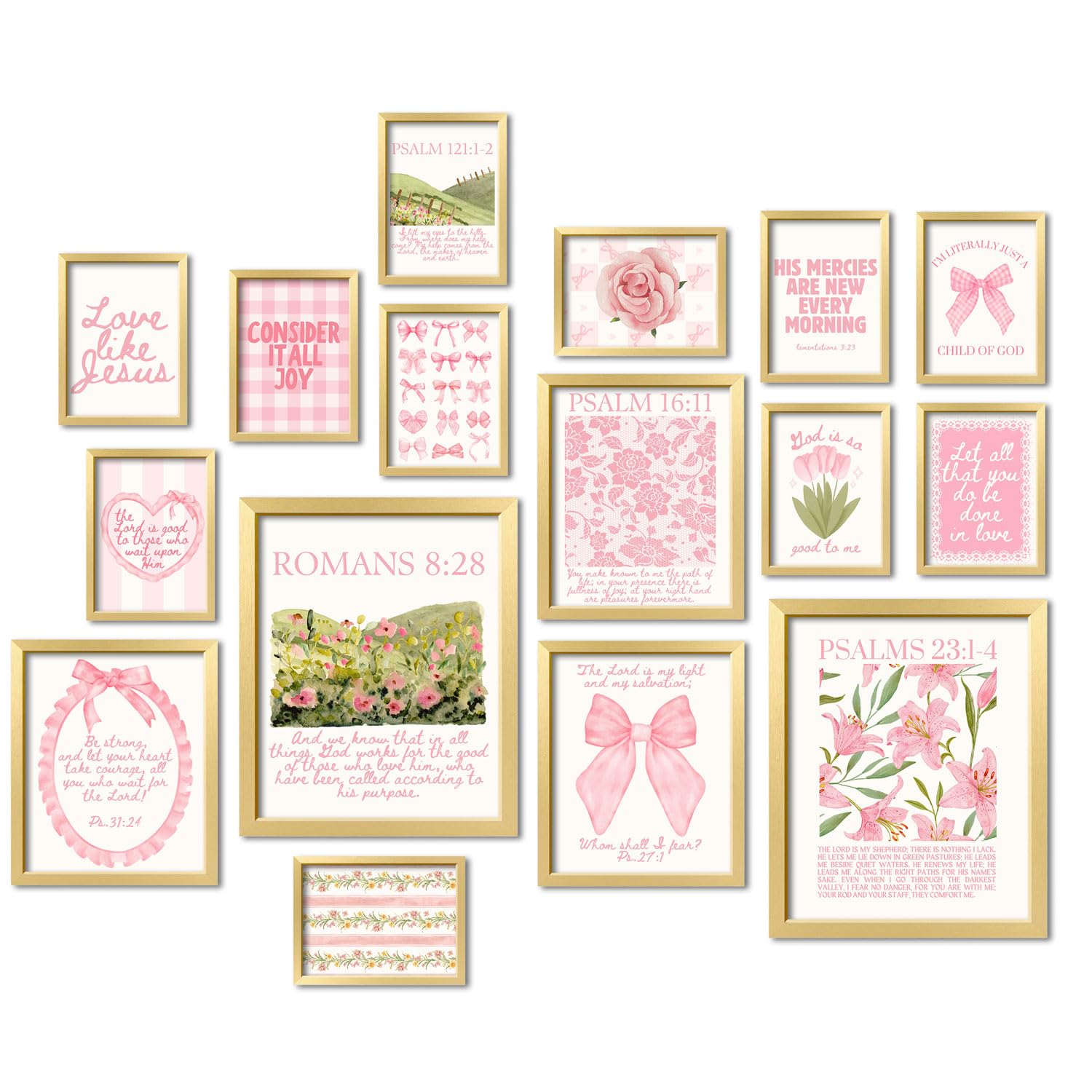 A 16 PCS Coquette Wall Art Decor, Pink Bow Bible Verses Gallery Wall Prints