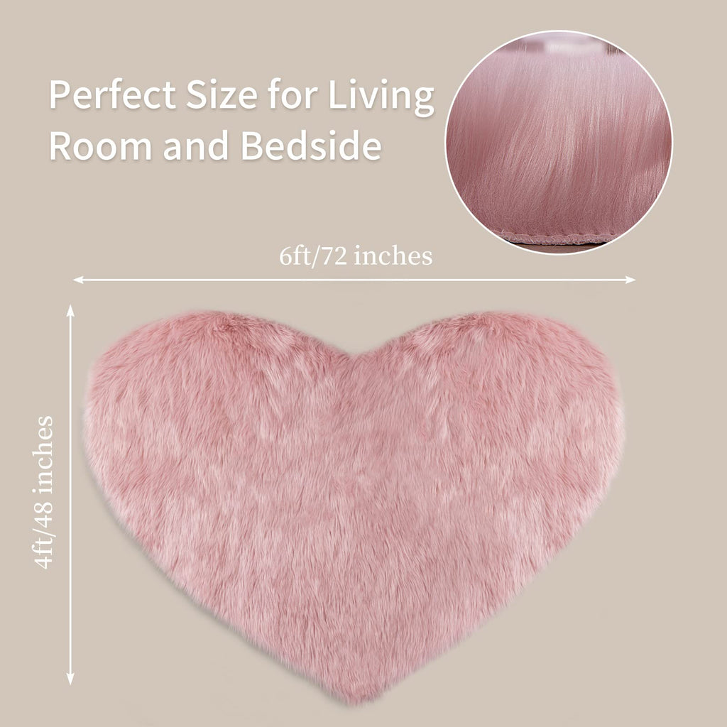 Faux Fur Heart Shaped Area Rug for Living Room Bedroom, Soft Large Pink Faux Sheepskin Play Carpet, 4 x 6