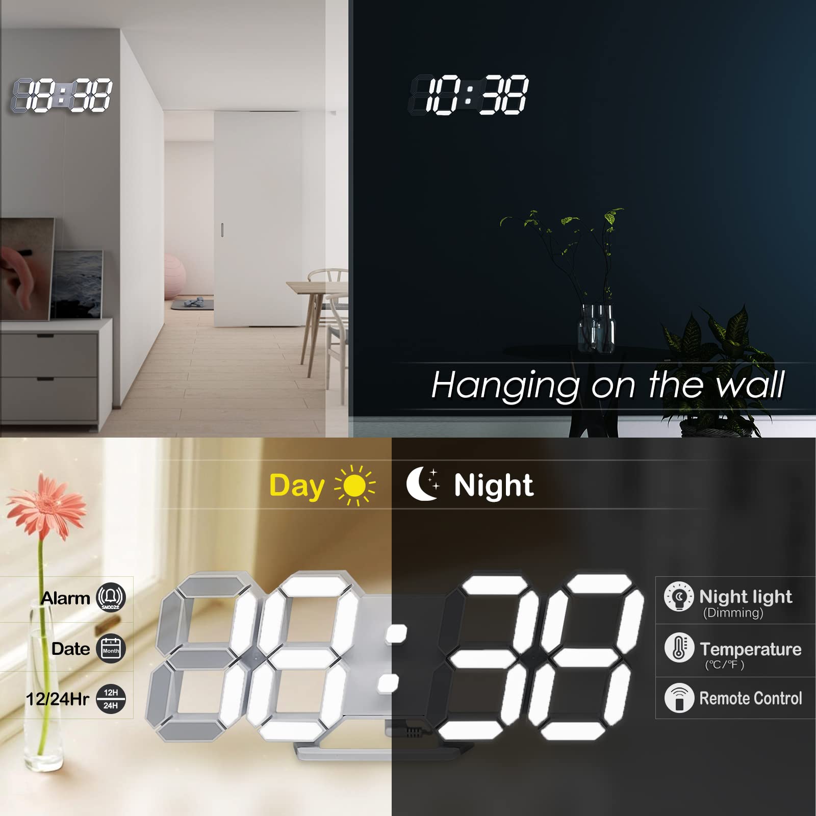 LED 3D Wall Clock 9.7" Clock with Remote/Dimming/12/24H/Temp/Alarm Clock/Date