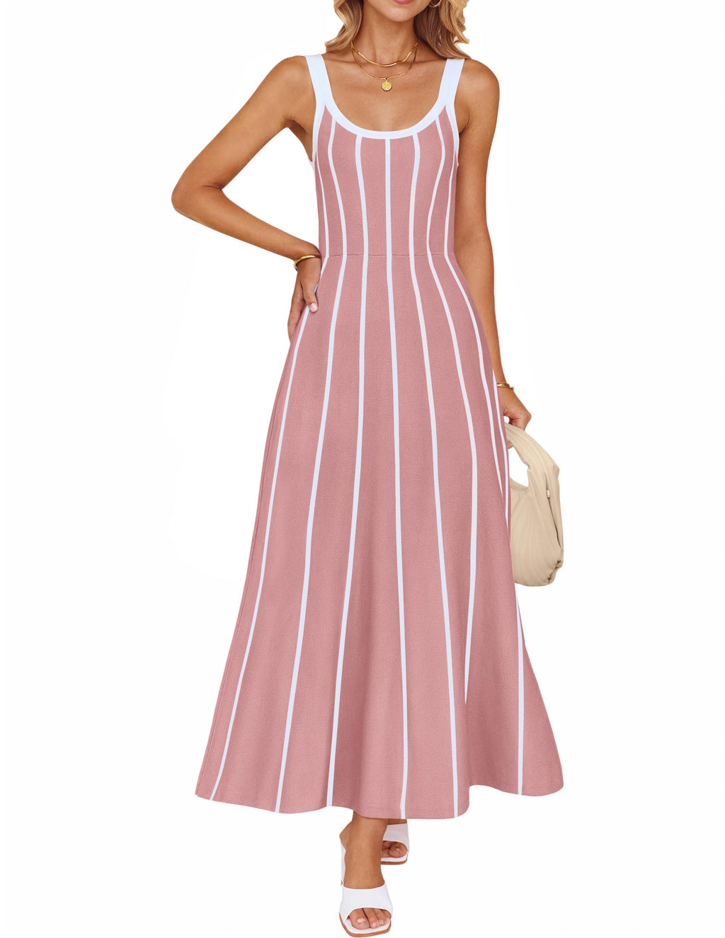 Wome's Summer Sleeveless Striped Midi Dress 2025 Knit Casual Elegant A Line Swing Long Dresses