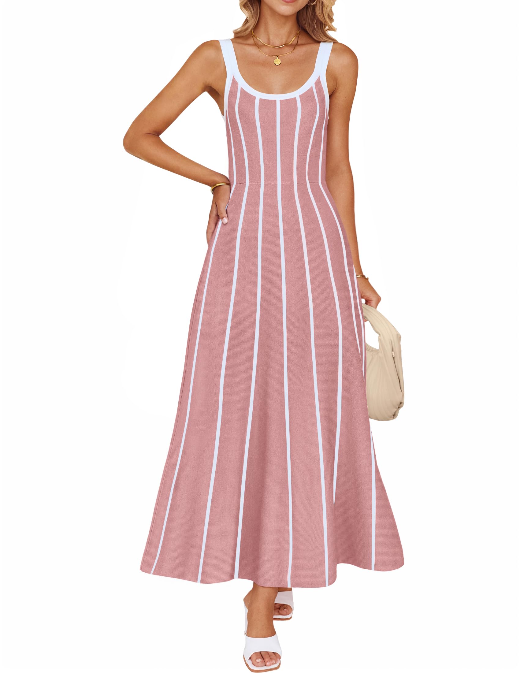 Wome's Summer Sleeveless Striped Midi Dress 2025 Knit Casual Elegant A Line Swing Long Dresses