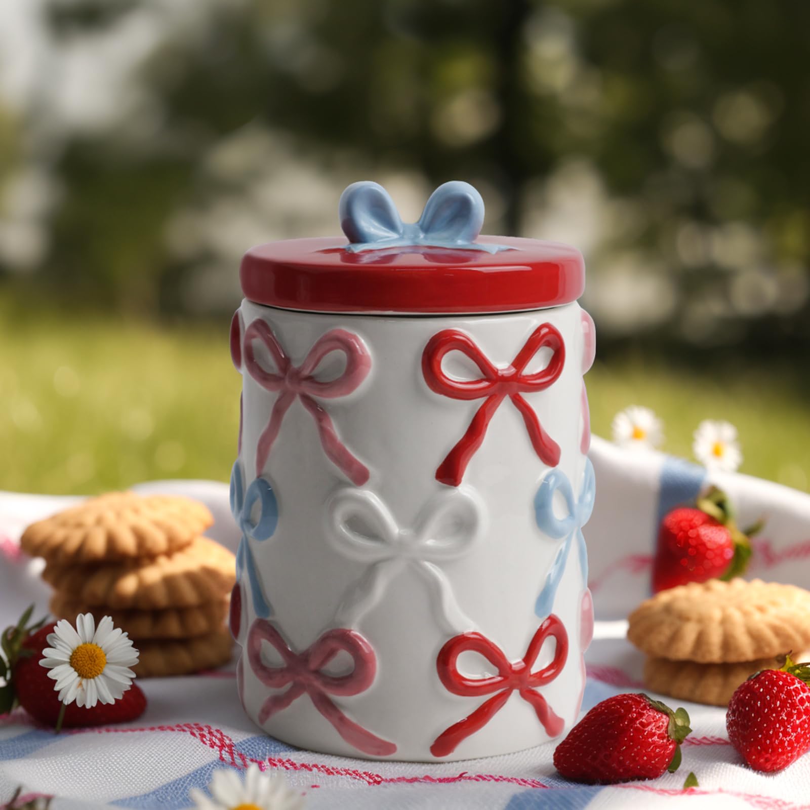 Cookie Bow Jars with Lid Airtight, 7.5 Inch Large Ceramic Food Storage Containers (42oz)