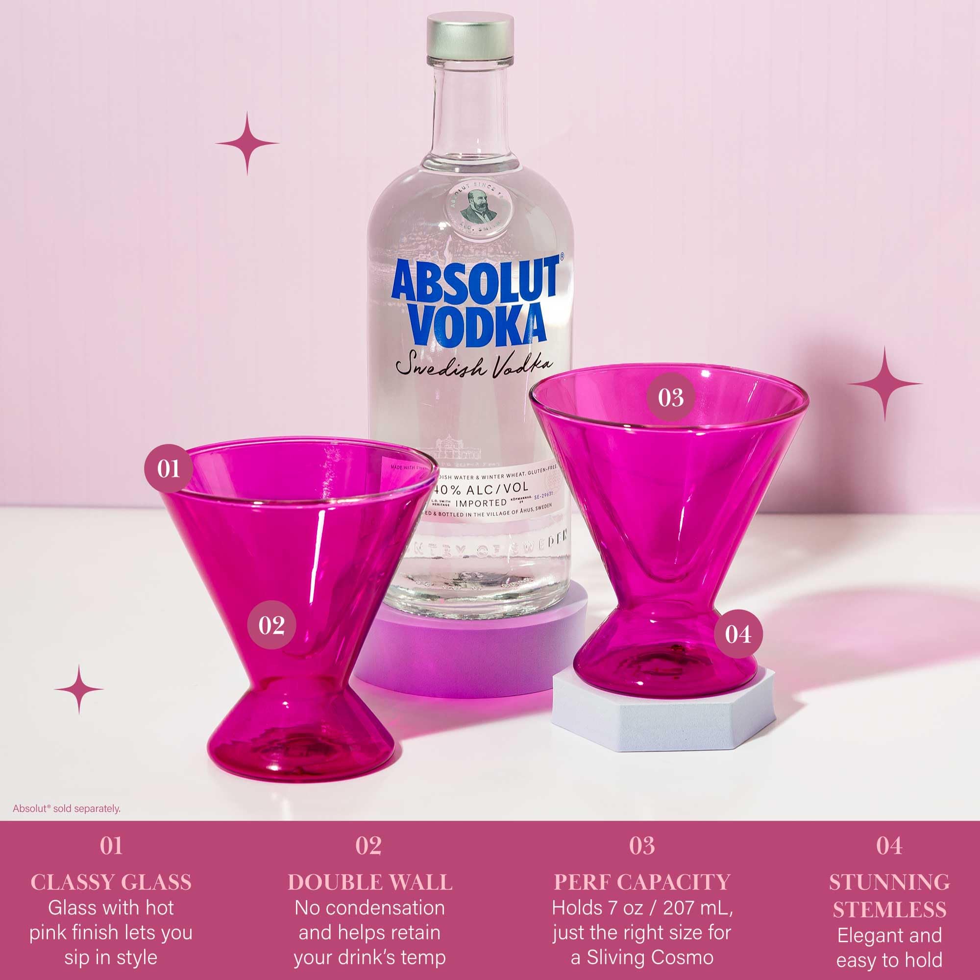 Paris Hilton 2-Piece Martini Glass Set, Double Wall Glass Design, Iridescent with Glitter Hearts - 207mL 7-Ounce