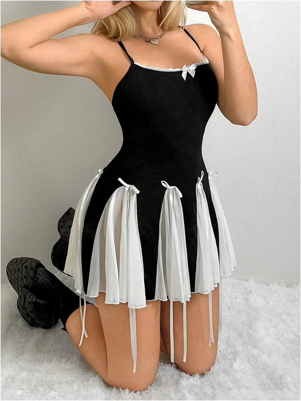 Women's Y2K Bow Tie Criss Cross Backless Mini Dress Colorblock Lace Cami Dress