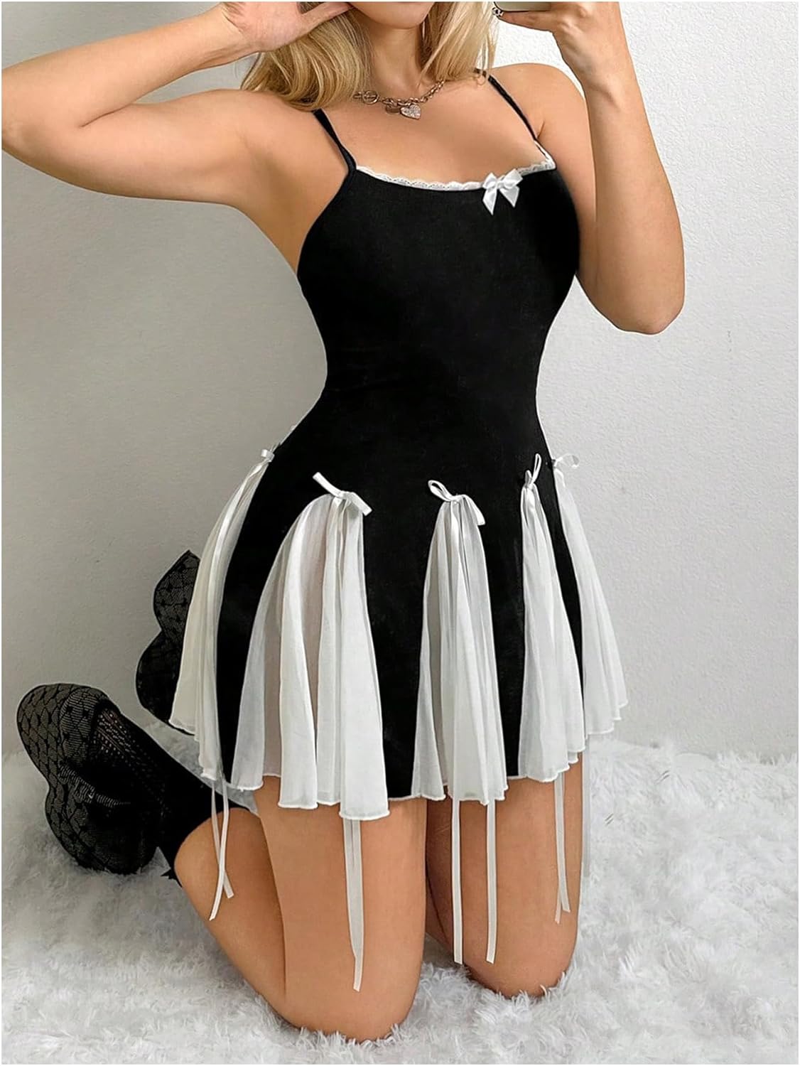 Women's Y2K Bow Tie Criss Cross Backless Mini Dress Colorblock Lace Cami Dress