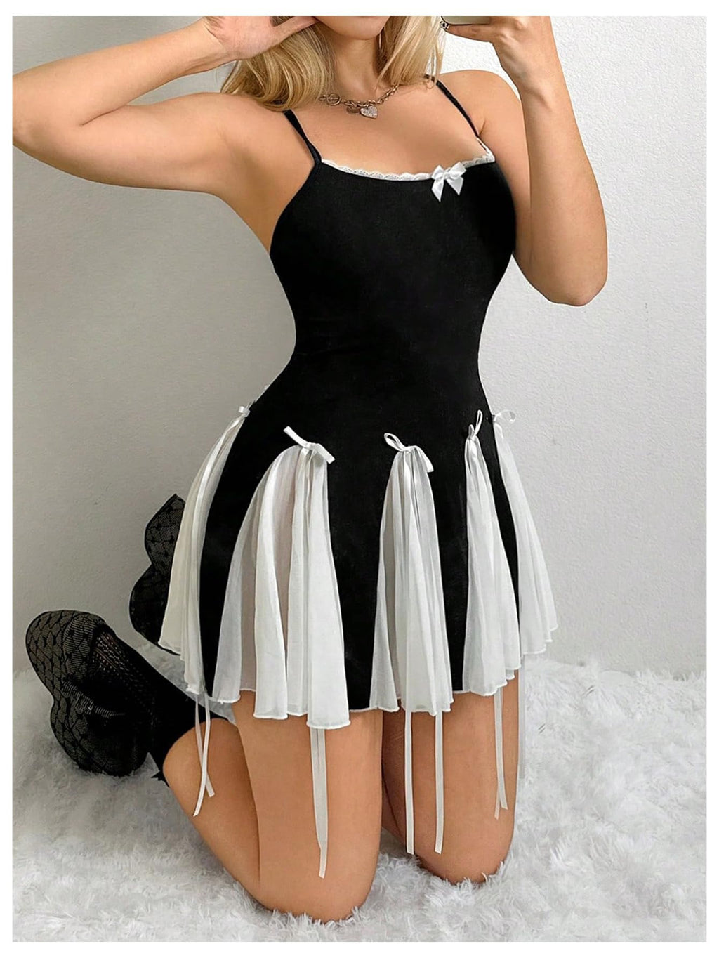 Women's Y2K Bow Tie Criss Cross Backless Mini Dress Colorblock Lace Cami Dress