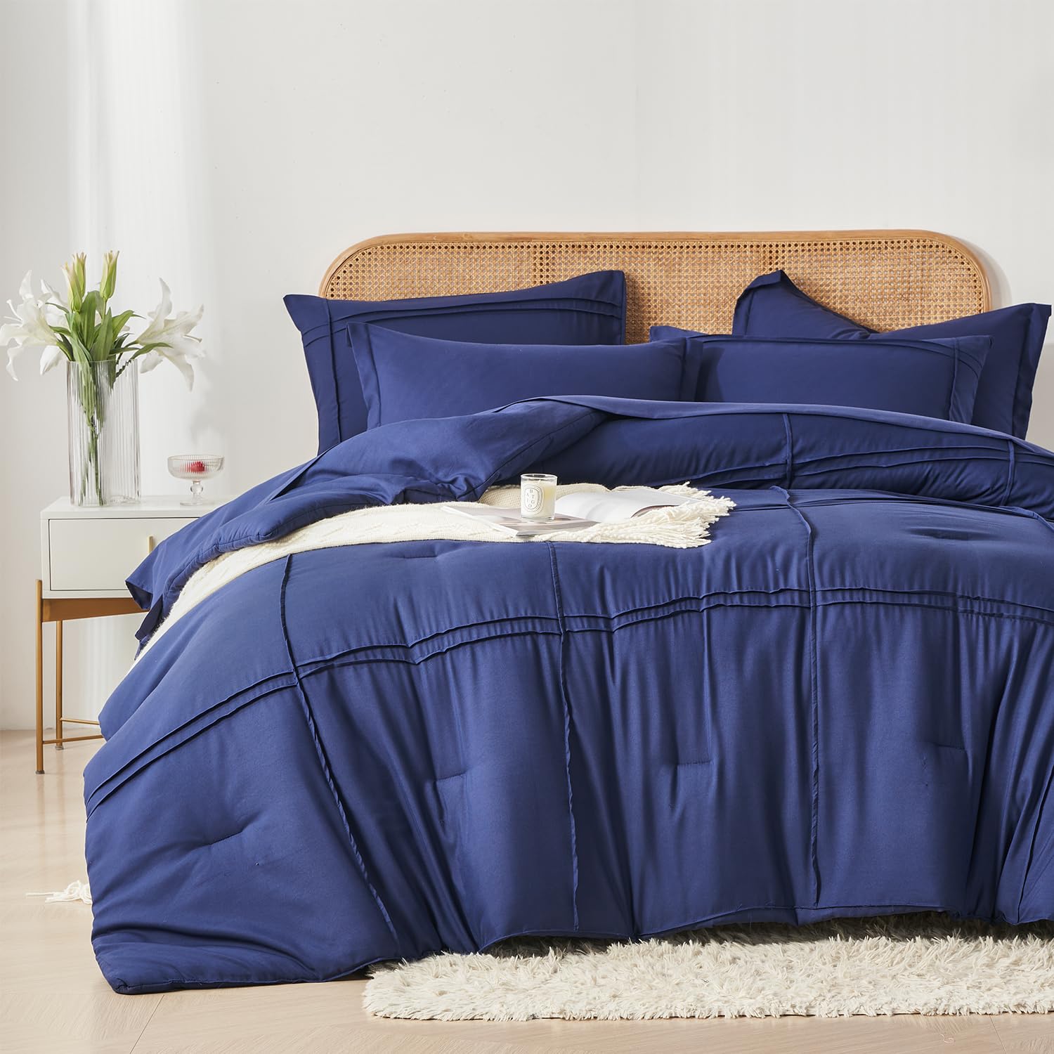 Comforter Set 7 Piece Bed in a Bag, Grid Pinch Pleat Bedding Set, Striped Textured Soft Microfiber Comforter with Sheet Set