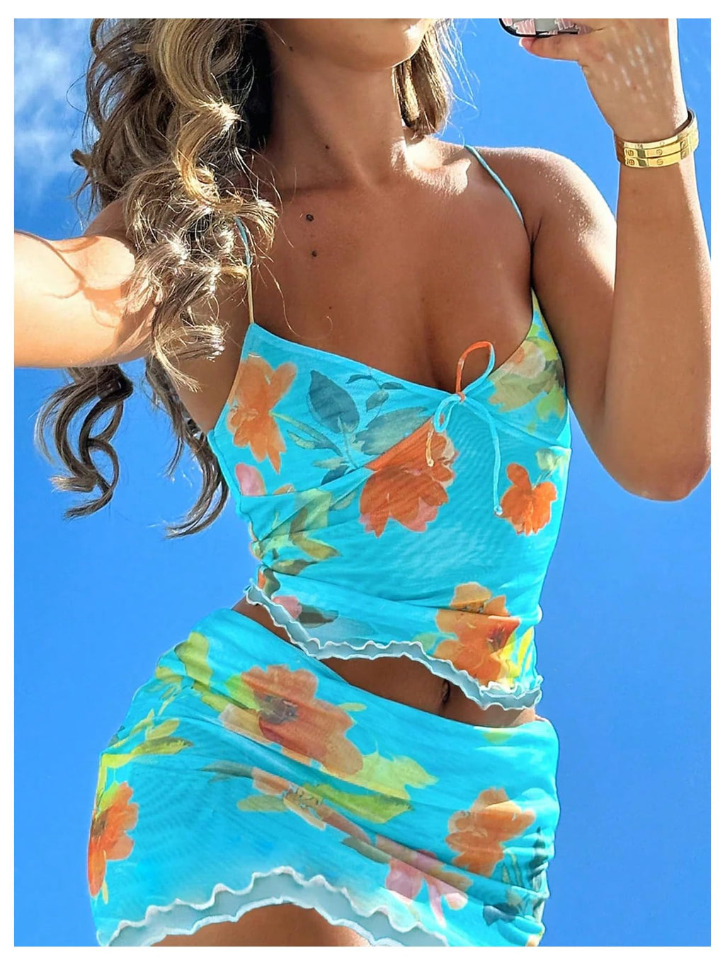 Women's Summer Mesh Mini Skirt Sets 2 Piece Sexy Crop Camisole Tops Skirts Y2K Suit Going Out Outfits