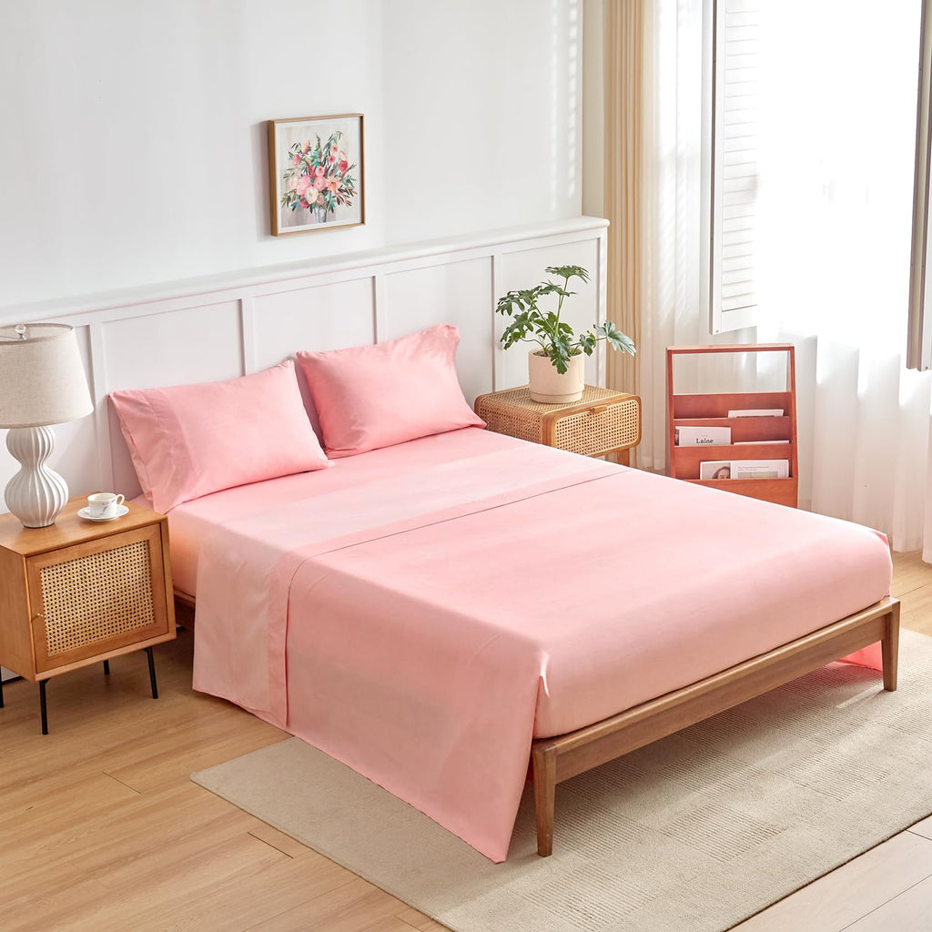 Flower Comforter Sheet Set White Bed in a Bag 7 Pieces Size, Pink Floral Microfiber Bedding Set (1 Comforter 2 Pillow Shams 1 Flat Sheet 1 Fitted Sheet 2 Pillowcases)