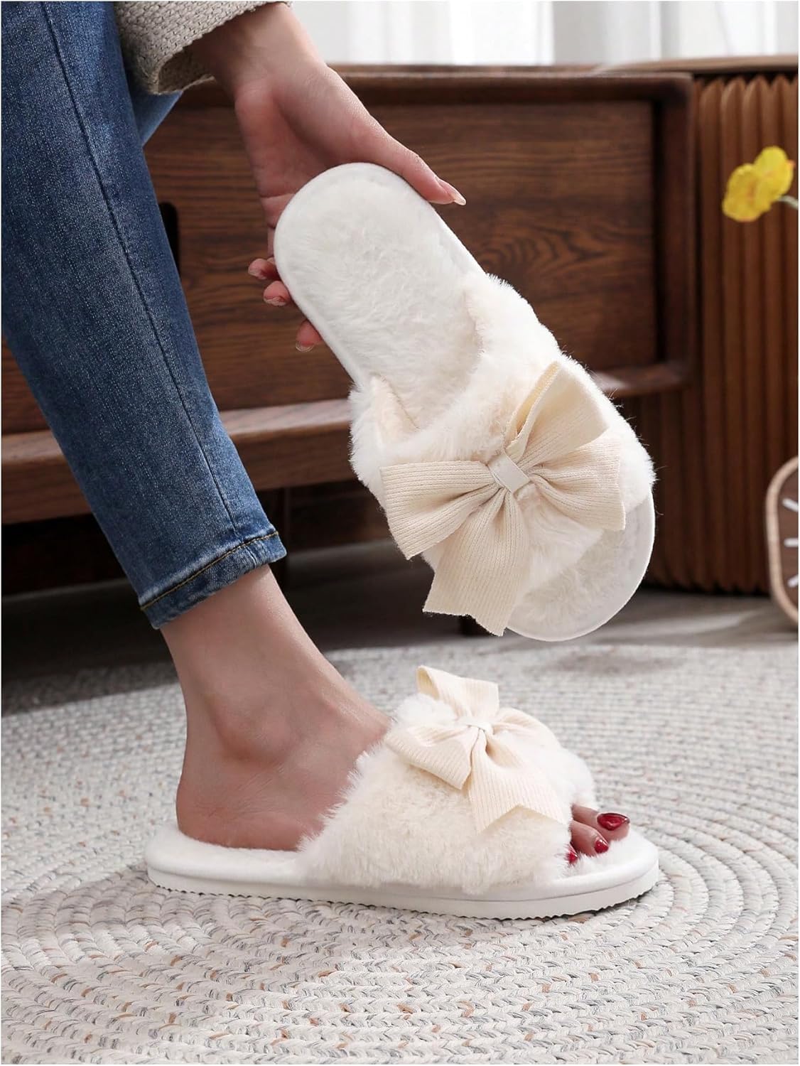 Women's Cute Bow Decor Fuzzy Open Toe Indoor Home Slippers Fashionable Warm Comfy Furry Outdoor Slippers