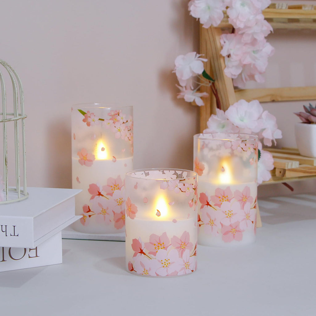 Cherry Blossoms LED Battery Operated Real Wax Set of 3 Realistic Wick Electric Pillar Candles,Warm Fire(3 x 4, 5, 6 Inches)