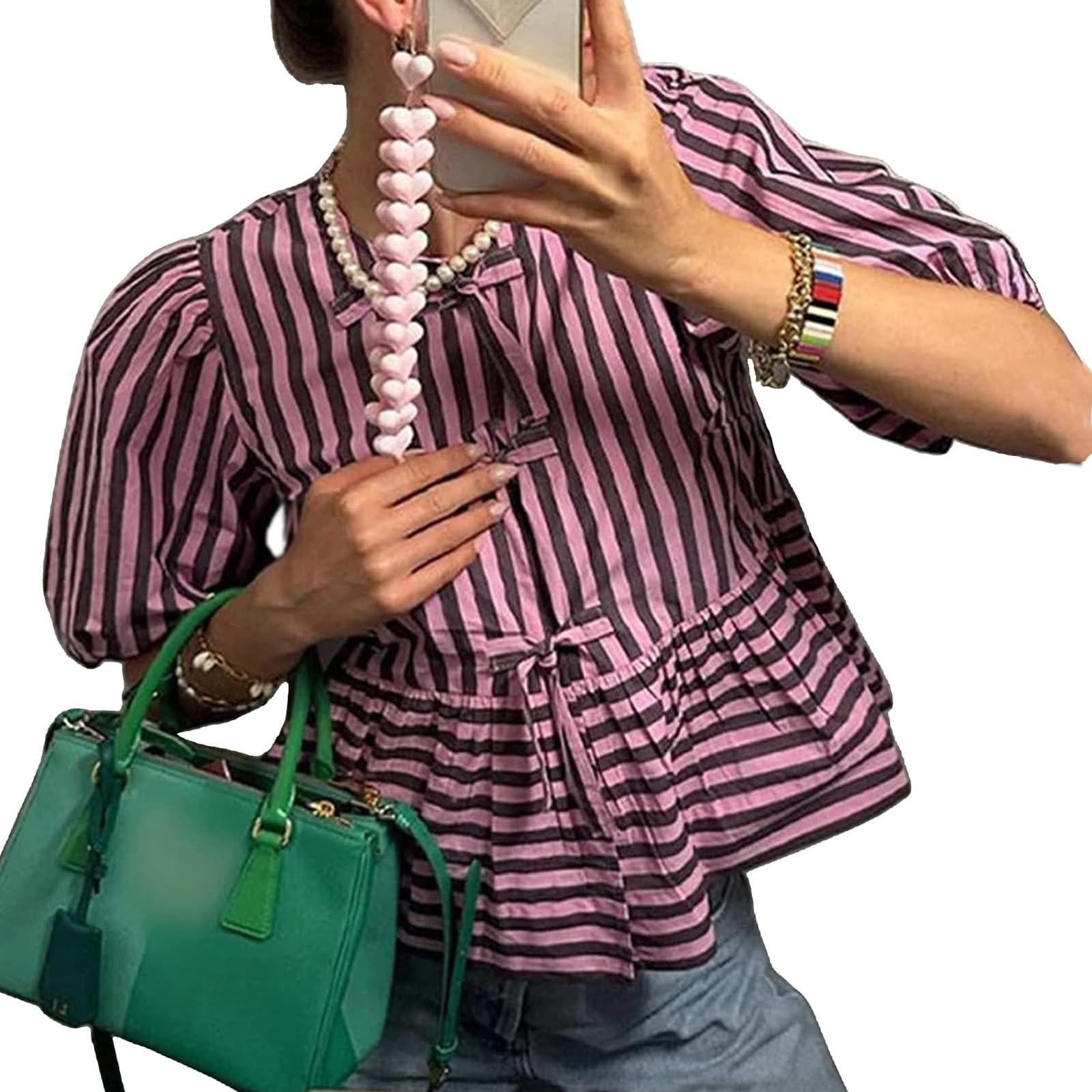 Tie Front Tops Womens Y2k Print Peplum Babydoll Top 3/4 Length Puff Sleeve Coquette Cute Going Out Tops