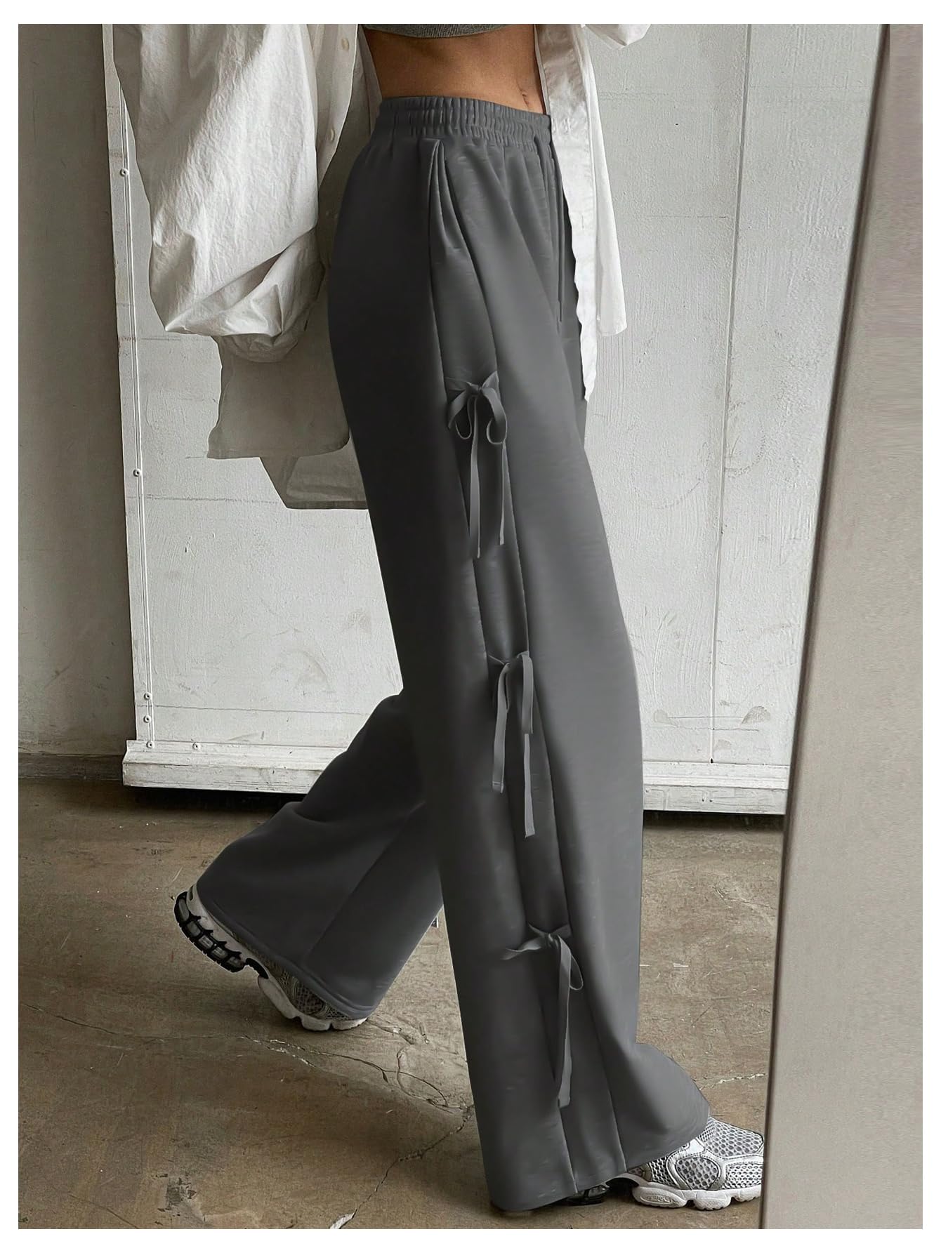 Women's Side Bow Tie Straight Leg Sweatpants Drawstring Elastic Waist Loose Athletic Sports Pants