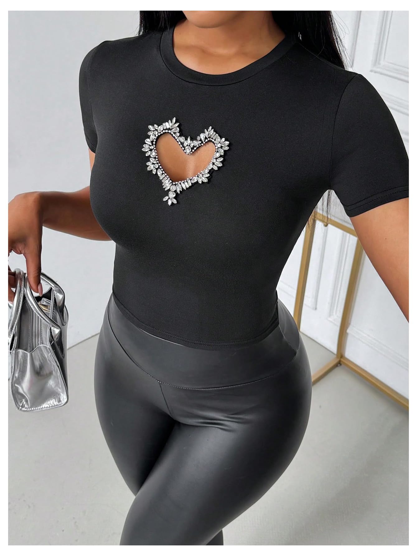 Women's Heart Rhinestone Cut Out Tee Shirts Casual Slim Fit Rib Knit Tops