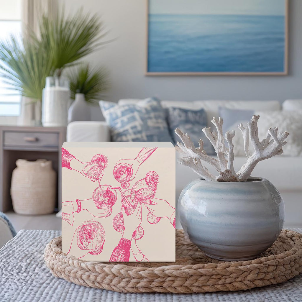 Coquette Pink Bow Champagne Wooden Box Sign, 5x5 Inch