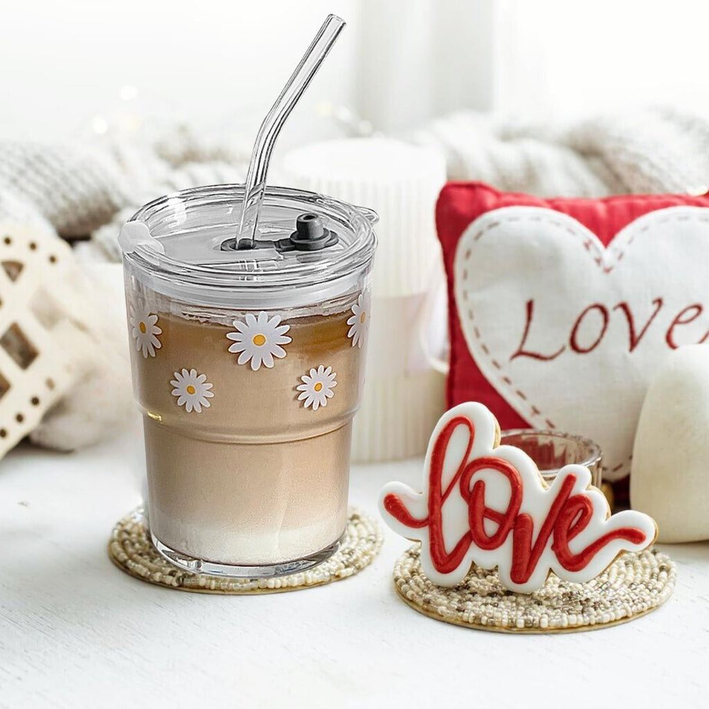 Glass Tumbler with Straw and Lid, Reusable Iced Coffee Cup Tumbler, Cute Glass Cups 13oz