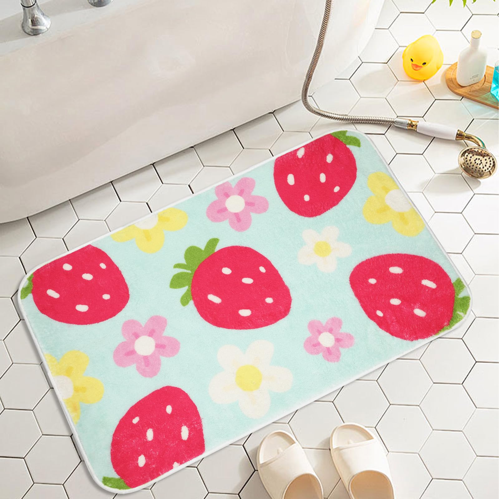 Cute Strawberry Flower Bath Mat, Green Bathroom Rugs Bathroom Accessories, Funny Colorful Non Slip Floor Bath Rug Machine Washable Absorbent Door Mats Tub Shower Bath Rug
