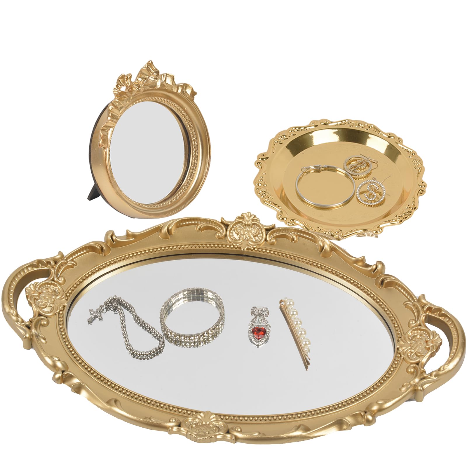 Vanity Tray Coquette Decor - 3 Pcs Decorative Perfume Tray Set, Jewelry Tray & Bow Makeup Mirror & Vanity Tray, Gold Perfume Tray Organizers, Coquette Vintage Decor