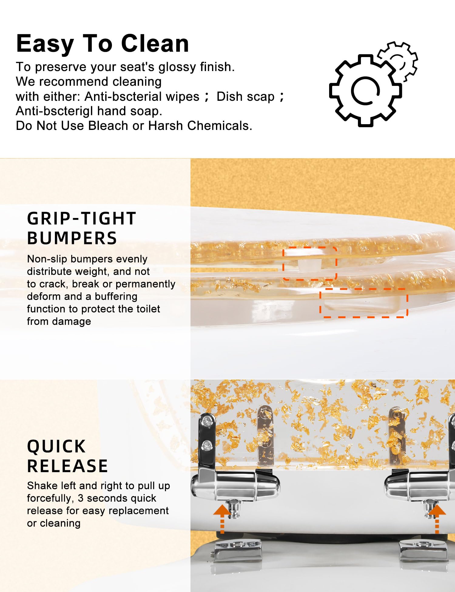 Round Resin Toilet Seat Glitter Soft Close Quick Release Metal Zinc Alloy Hinge Easy to Install also Easy to Clean, Decorative Acrylic Seats (17 Inch)