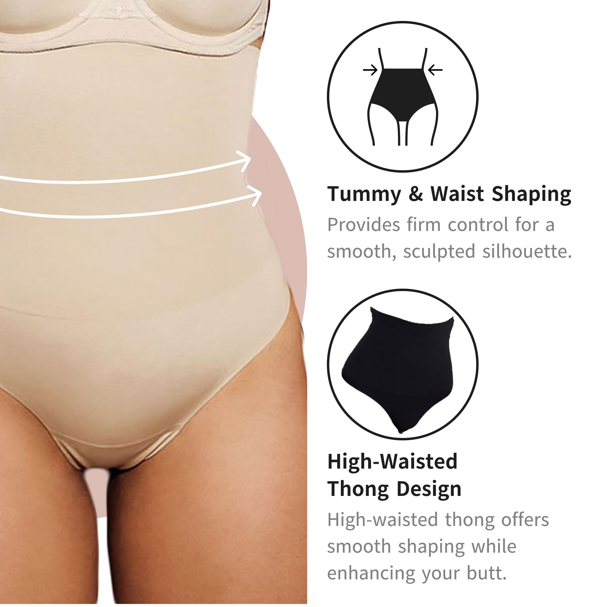 Women's High Waisted Thong Tummy Control Shapewear - Invisible, Seamless Underwear for Women, Plus Size and Sculpting