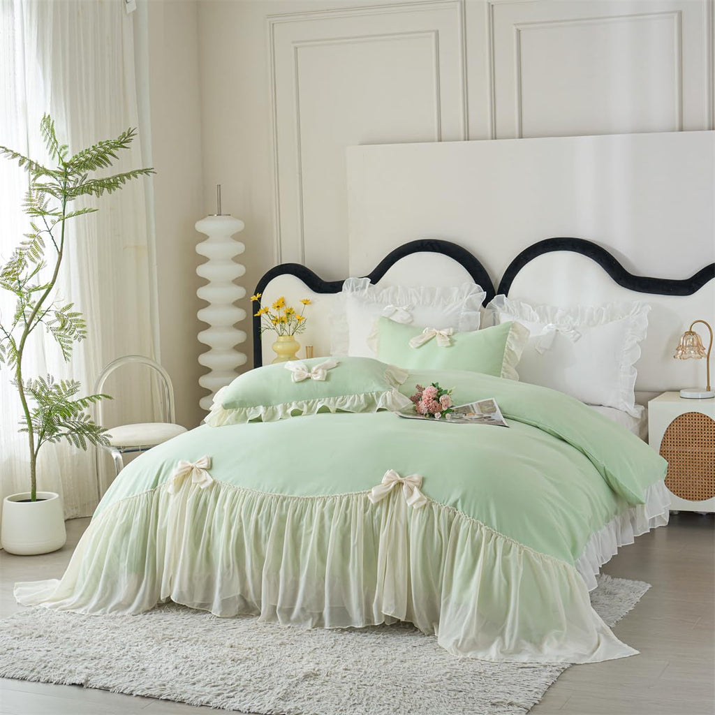 Ruffle Duvet Cover Bedding Set with Bowtie, 2 Pieces Comforter Cover Set with Zipper Closure with Pillowcase