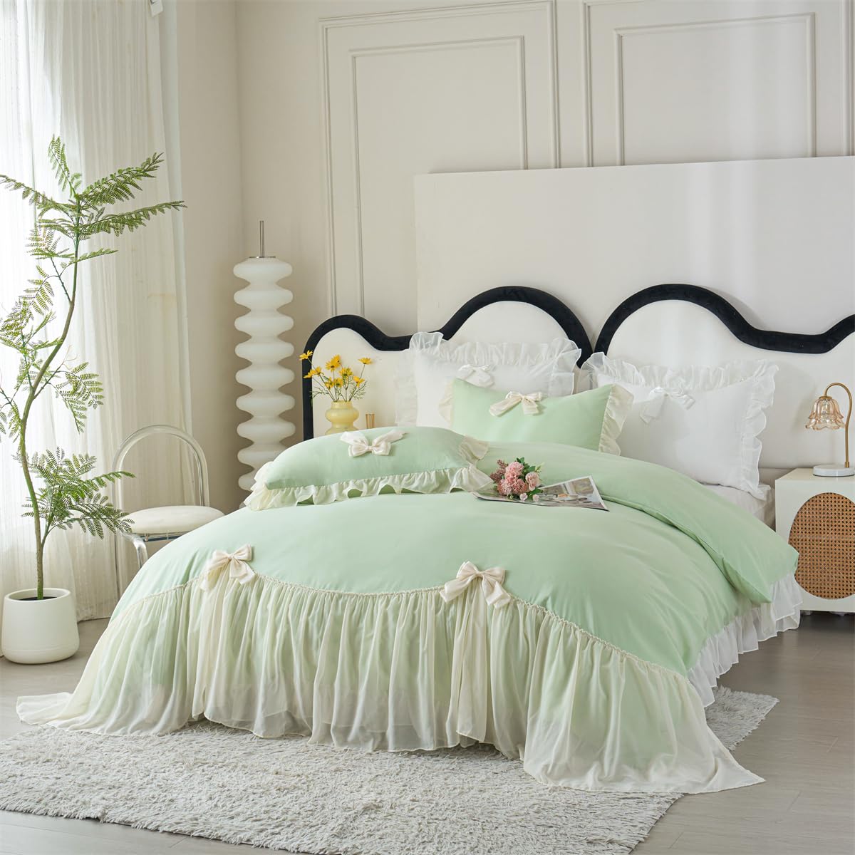 Ruffle Duvet Cover Bedding Set with Bowtie, 2 Pieces Comforter Cover Set with Zipper Closure with Pillowcase