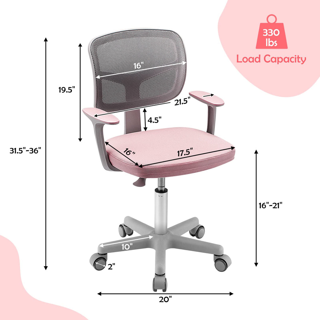 Swivel Adjustable Mesh Study Chair with Wheels & Arms, Ergonomic Computer Task Chair with Lumbar Support