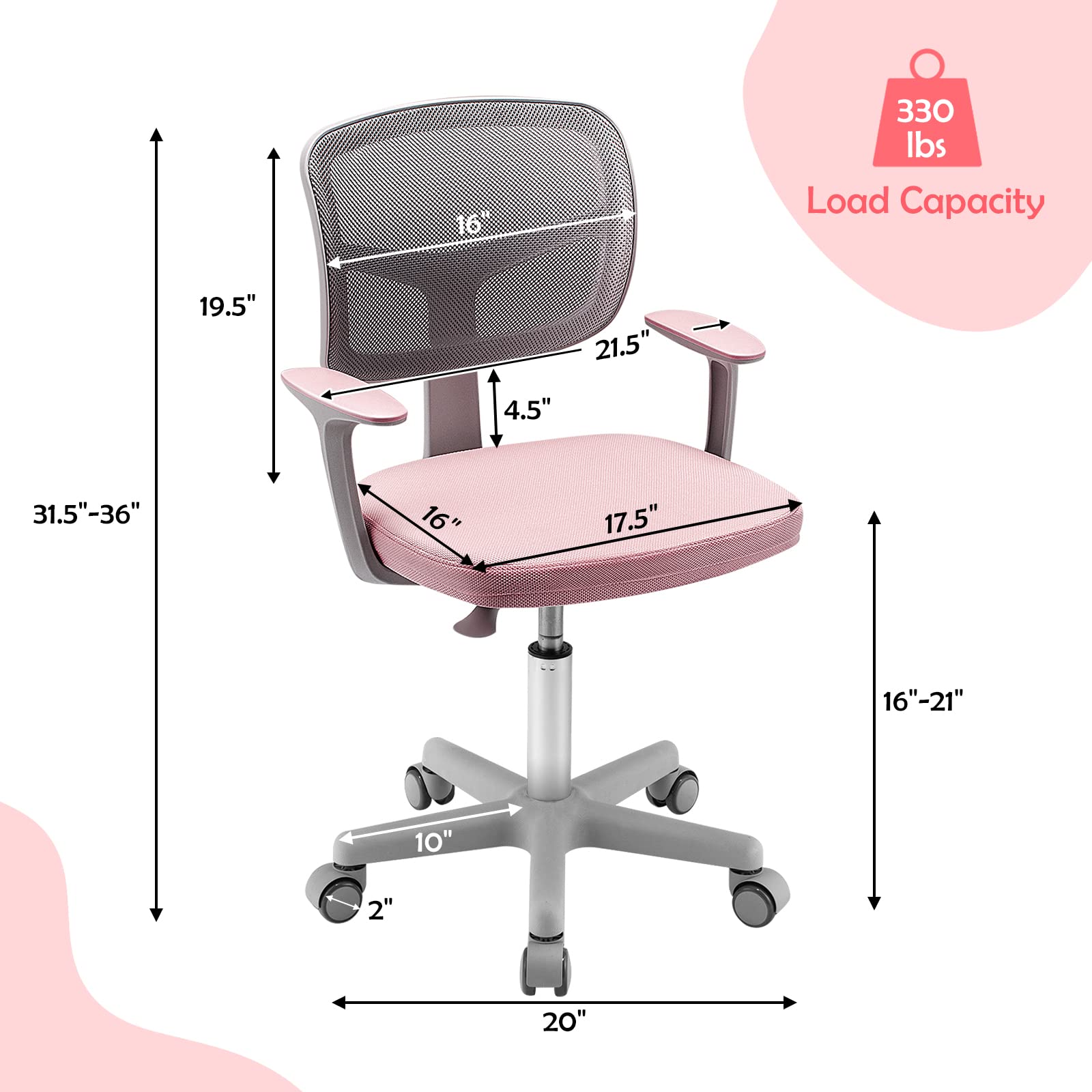 Swivel Adjustable Mesh Study Chair with Wheels & Arms, Ergonomic Computer Task Chair with Lumbar Support