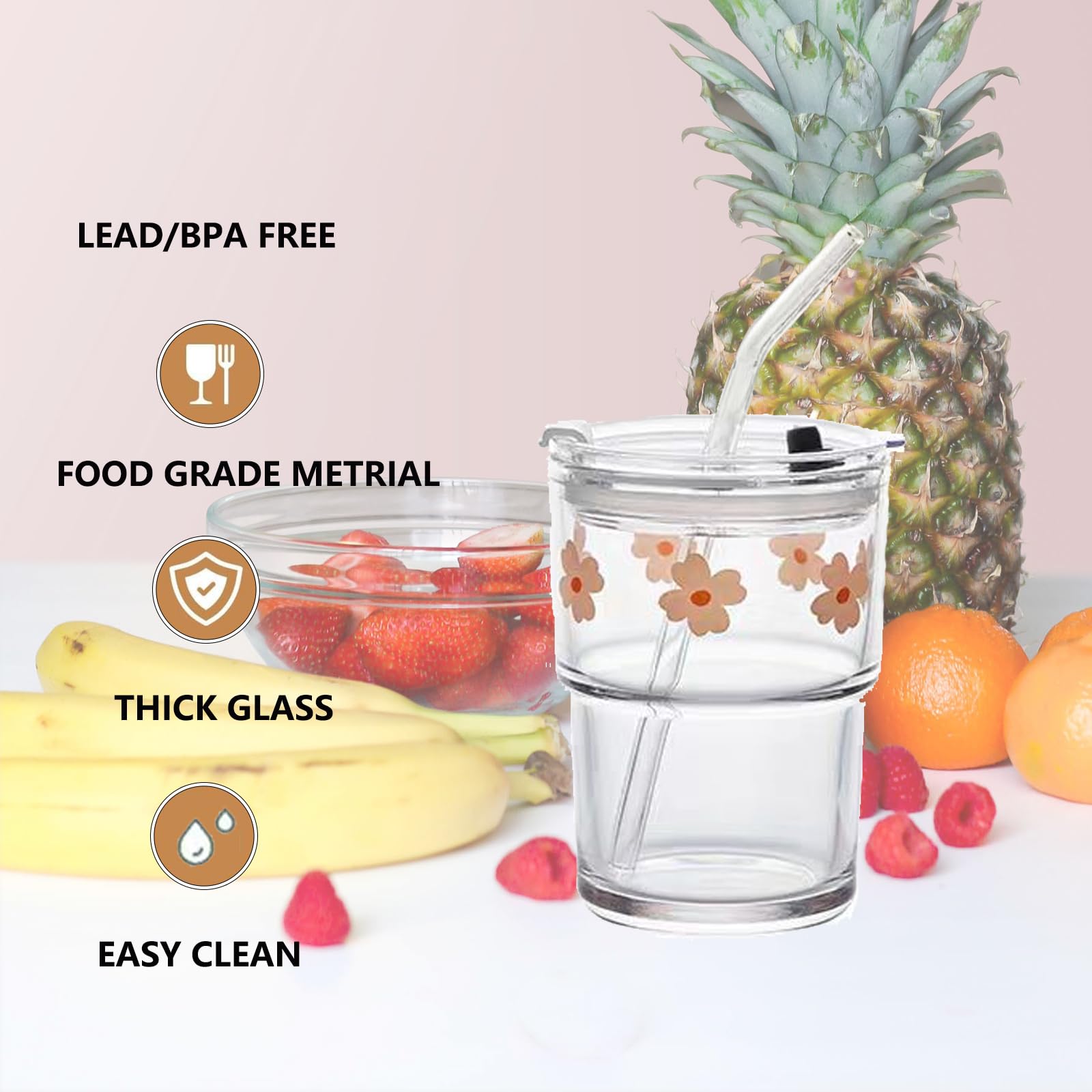 Glass Tumbler with Straw and Lid Sealed, Carry On Reusable Iced Coffee Cups,Thick Wall Glass Drinking Glassware Cups 13oz