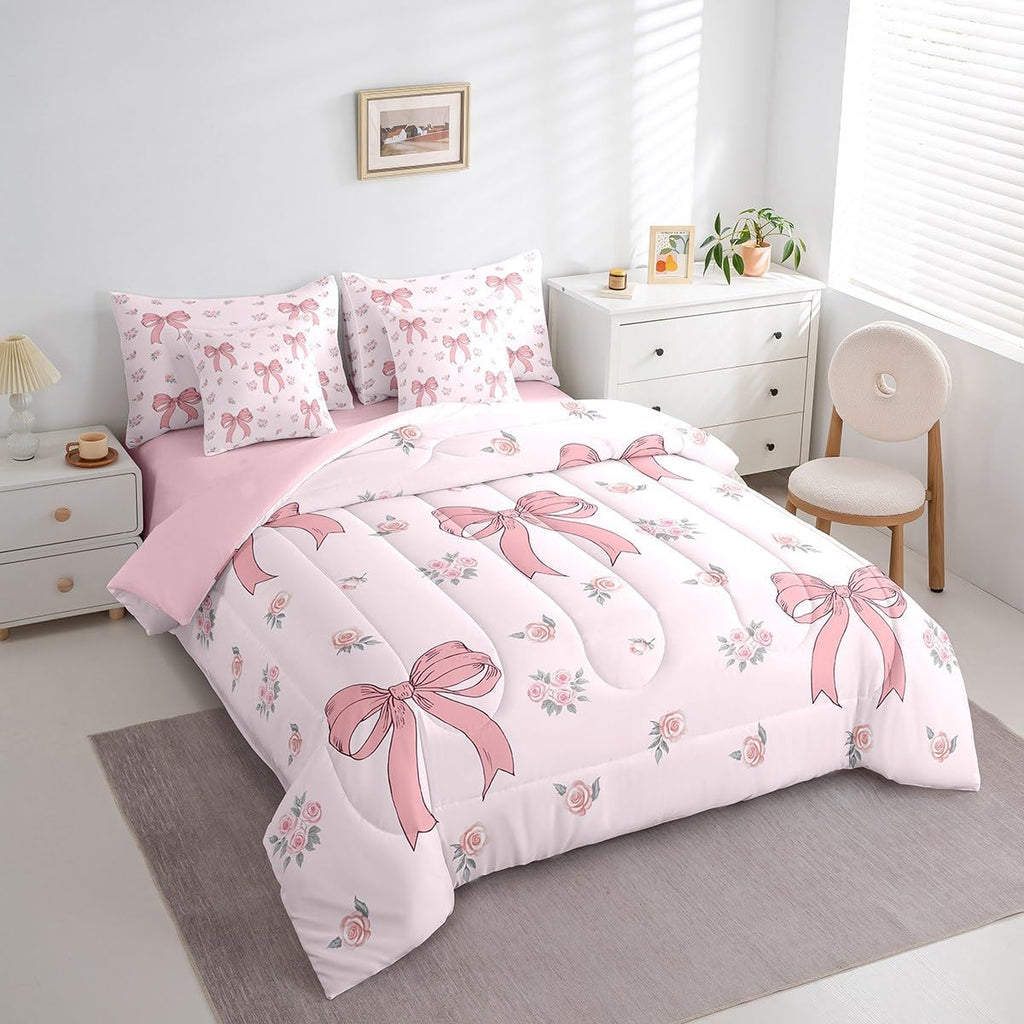 Princess Style Pink Bowknot Comforter Bedding Set, Bow Tie Pink White Dreamy Fairy Tale Bow (Comforter+Fitted+Flat Sheet+2 Pillowcases+2 Throw Pillow Covers) 7 Pieces Bed Set