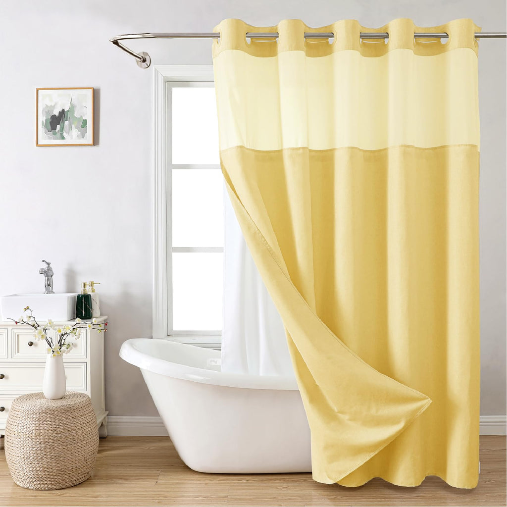 No Hooks Needed Linen Textured Shower Curtain with Snap-in Fabric Liner Set, Luxury Decor Shower Curtains for Bathroom with Mesh Top Window, Waterproof & Washable