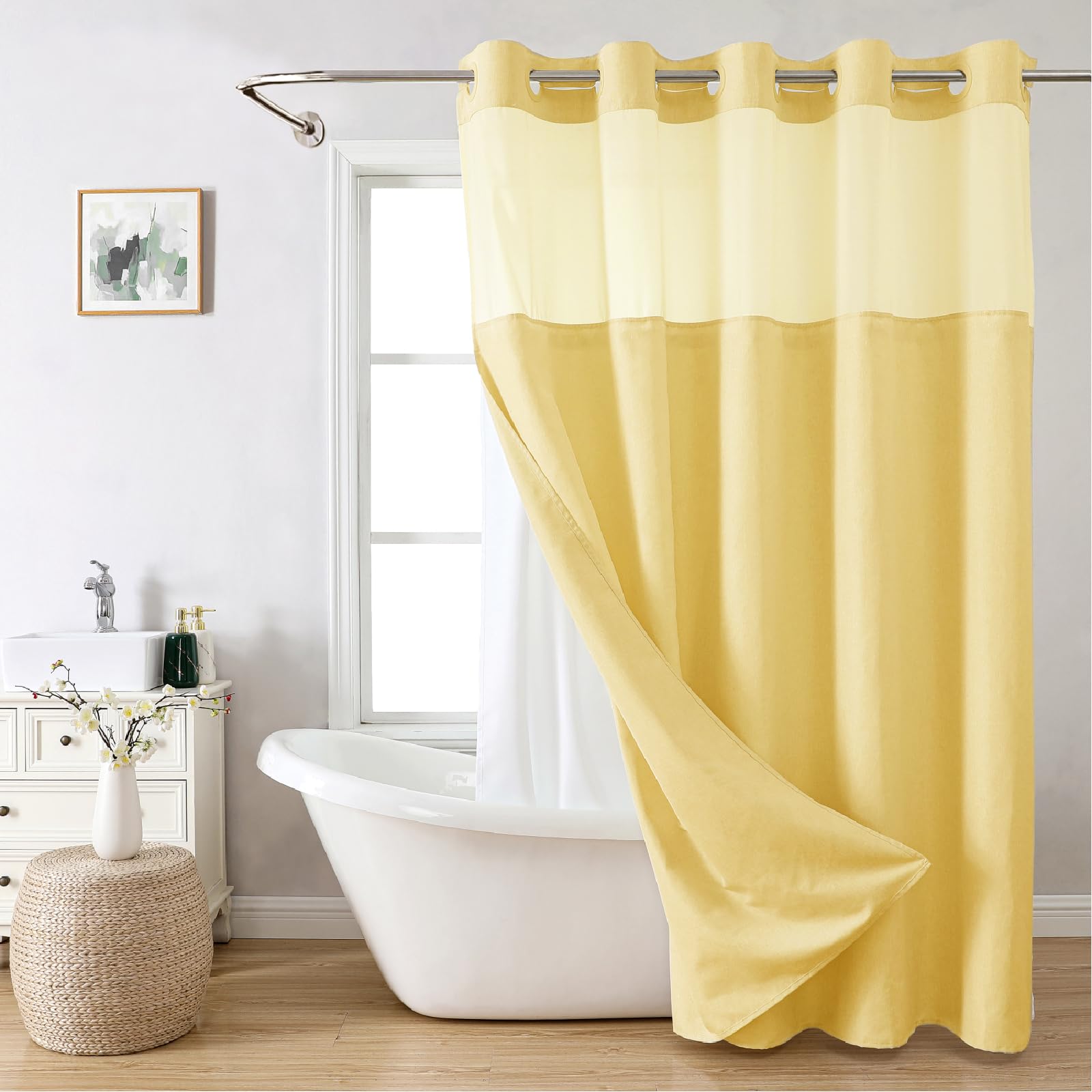 No Hooks Needed Linen Textured Shower Curtain with Snap-in Fabric Liner Set, Luxury Decor Shower Curtains for Bathroom with Mesh Top Window, Waterproof & Washable