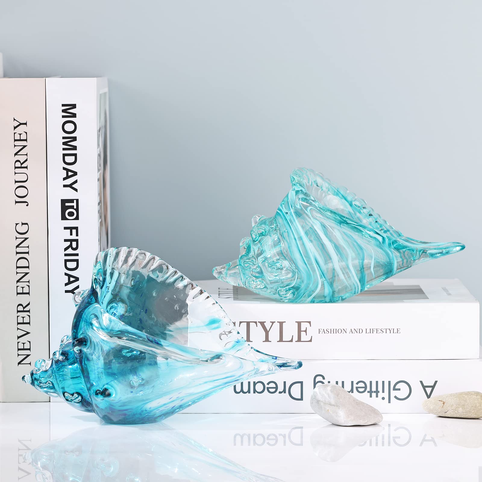 Hand Blown Glass Conch - Coastal Home Decor Conch Corners, Glass Art Conch Sculptures, Office Decor Blown Glass Art, Living Room Table Centerpieces, Bathroom Shelf Tops And Cabinet Decor