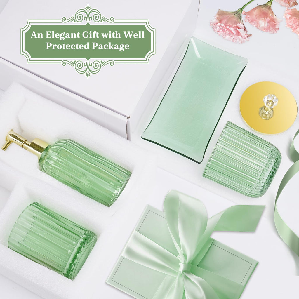 Glass Bathroom Accessories Set 4PCS Bathroom Accessories Set with Soap Dispenser Toothbrush Holder Qtip Holder & Vanity Tray