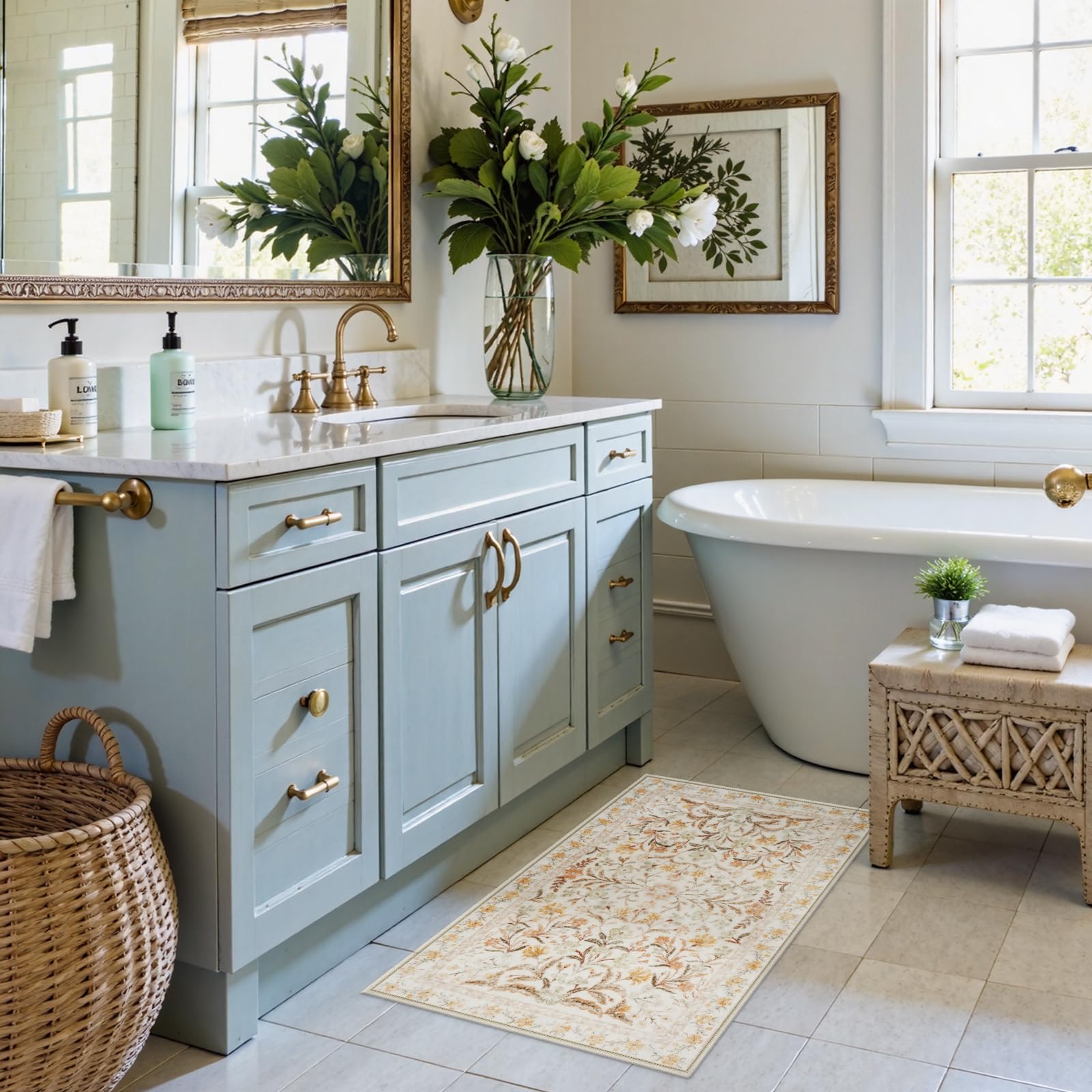 New Boho Floral Bath Rugs, Non Slip Washable Bathroom Rugs Fit Under Door, Ultra Soft and Absorbent Bath Mat