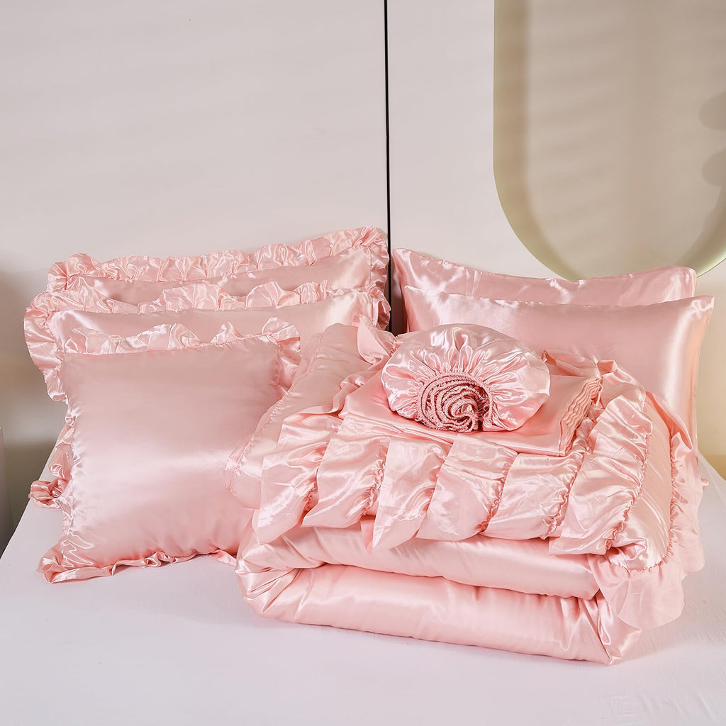 Ruffle Comforter Set 8 Pieces Satin Comforter Set with Sheet Set - Waterfall Ruffle Design Luxurious Silky Comforter Set